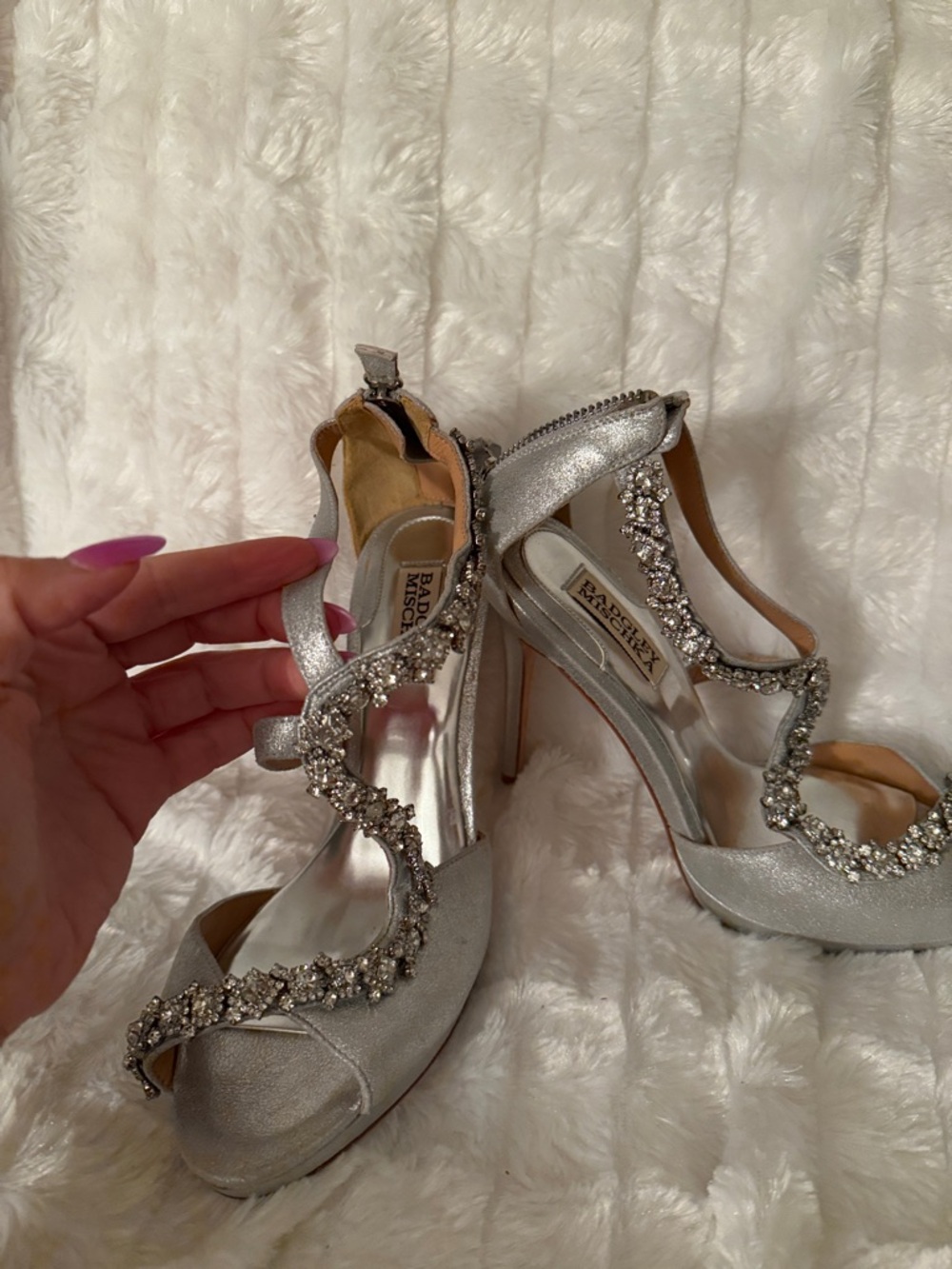 Badgley Mischka Silver Crystal-Embellished T-Strap Peep-Toe Heels